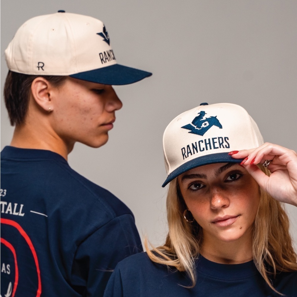Ranchers Cream Navy Blue Ranchers Ride Tall Trucker Hat